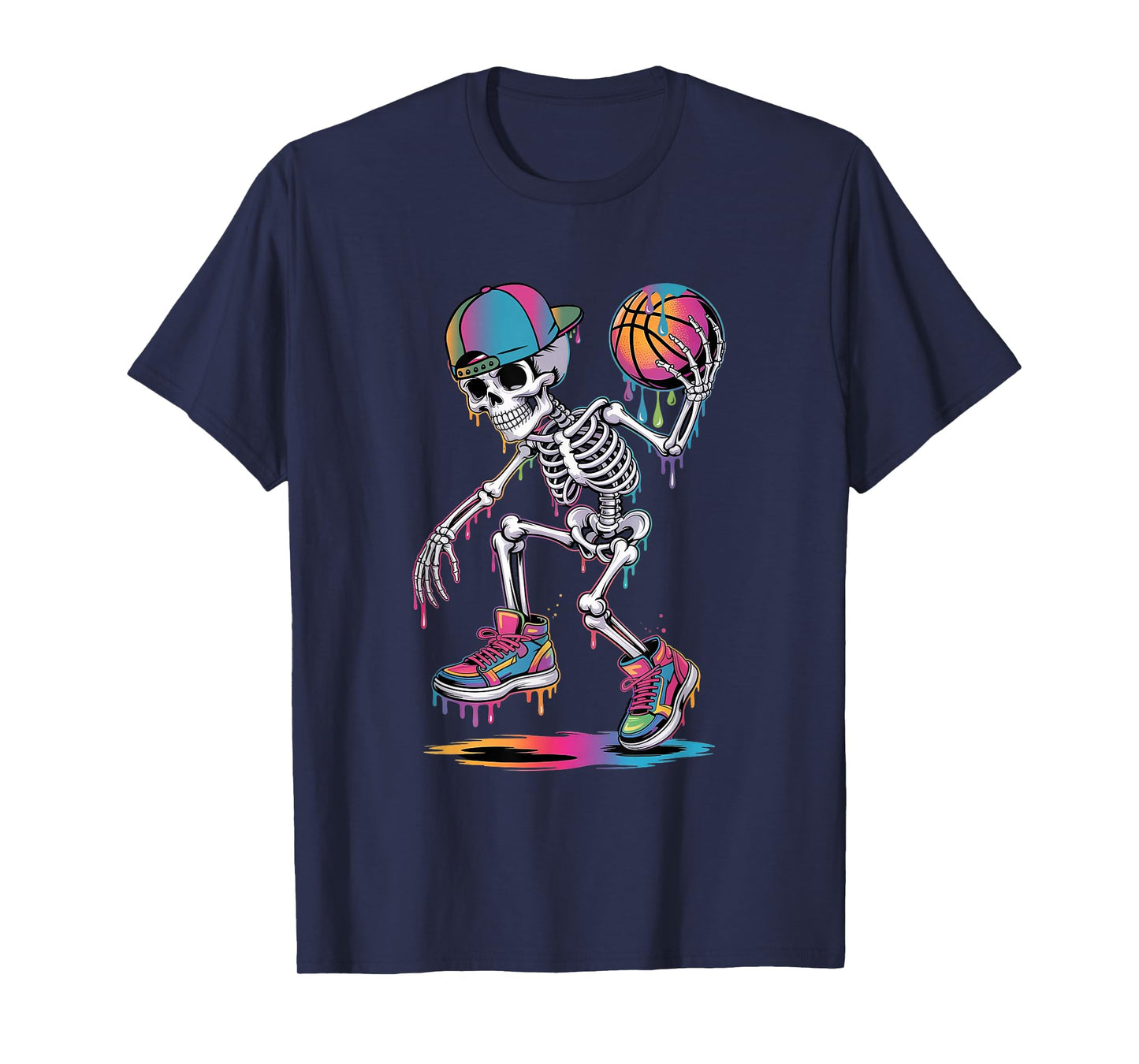 Skeleton Playing Basketball Dripping Boys Youth Halloween T-Shirt