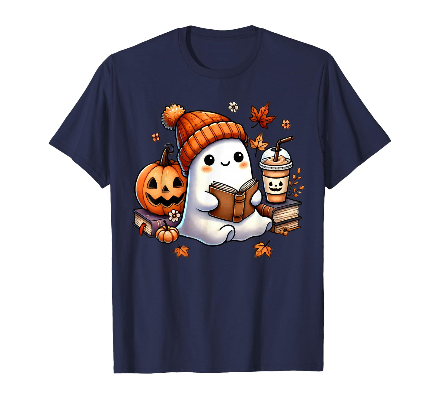Cute Ghost Reading Book Lovers Funny Womens Girls Halloween T-Shirt