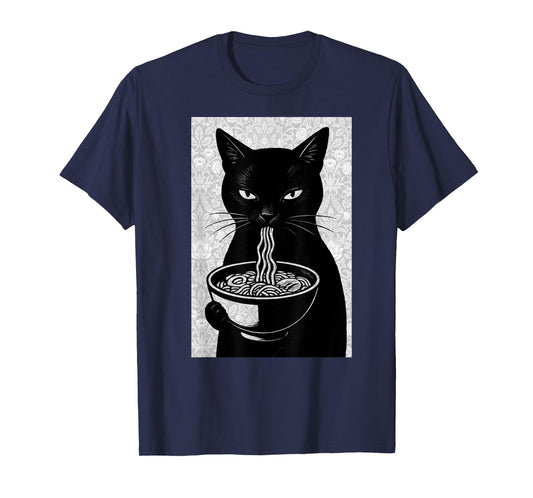 Ramen Cat Black and White Japanese Noir Illustration T-Shirt