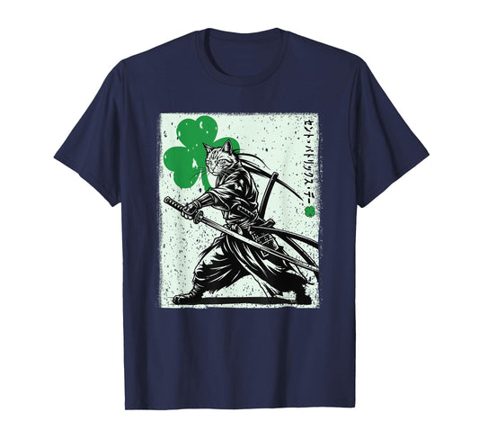 St Patricks Day Samurai cat Japanese Irish Boys Girls T-Shirt