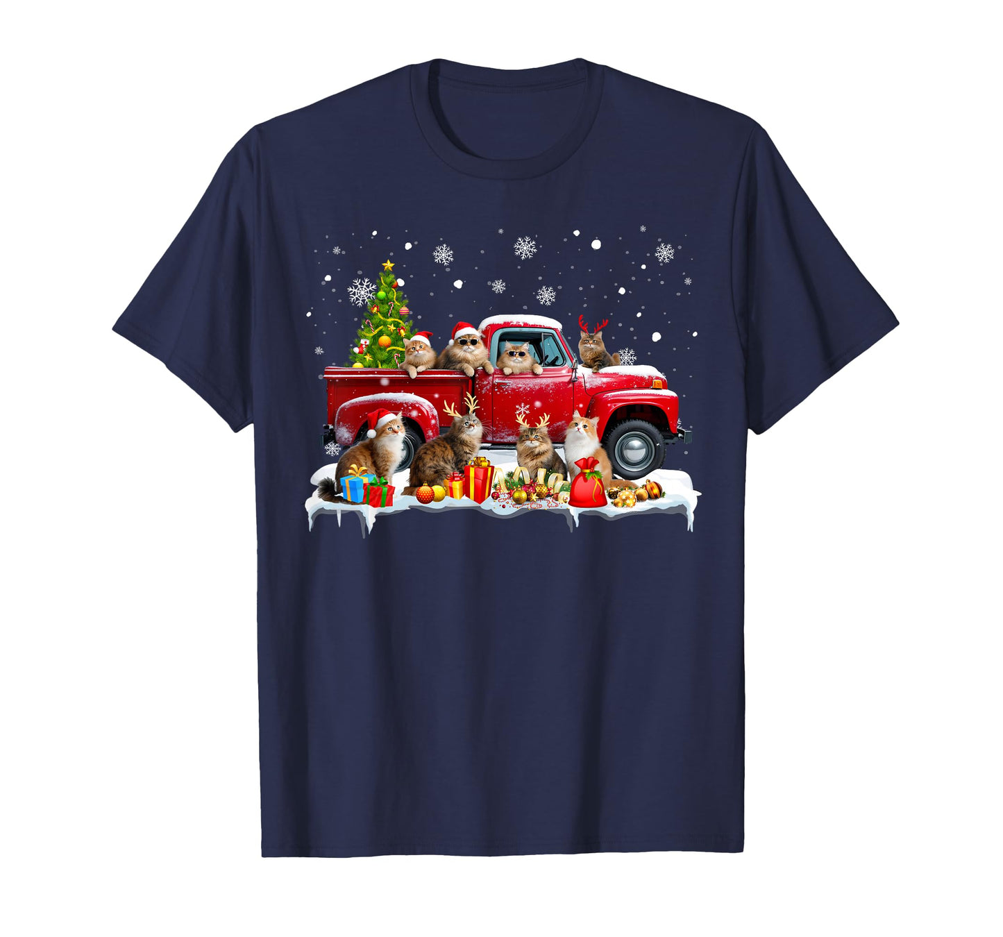 Maine Coon Cat Red Truck Christmas Tree Santa Ugly Xmas T-Shirt