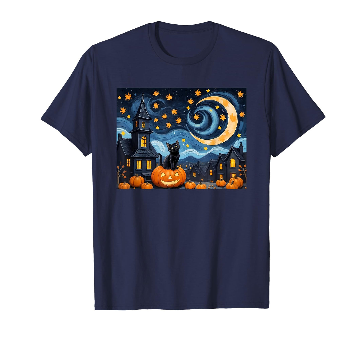 Halloween Van Gogh Starry Night Black Cat Pumpkin Vintage Men Women Kids T-Shirt