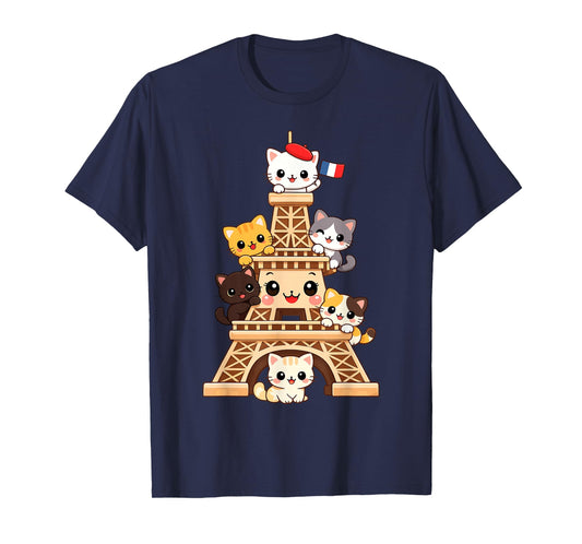Meowffel Tower Cute Kawaii Paris Cat Cartoon Funny Cat Art T-Shirt