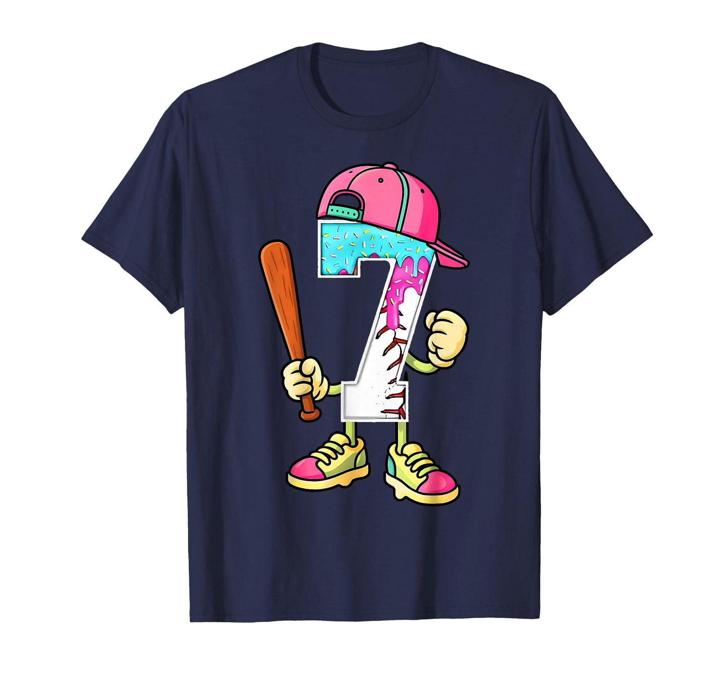 Baseball 7th Birthday Boy Ice Cream Drip 7 Yr Old Birthday T-Shirt
