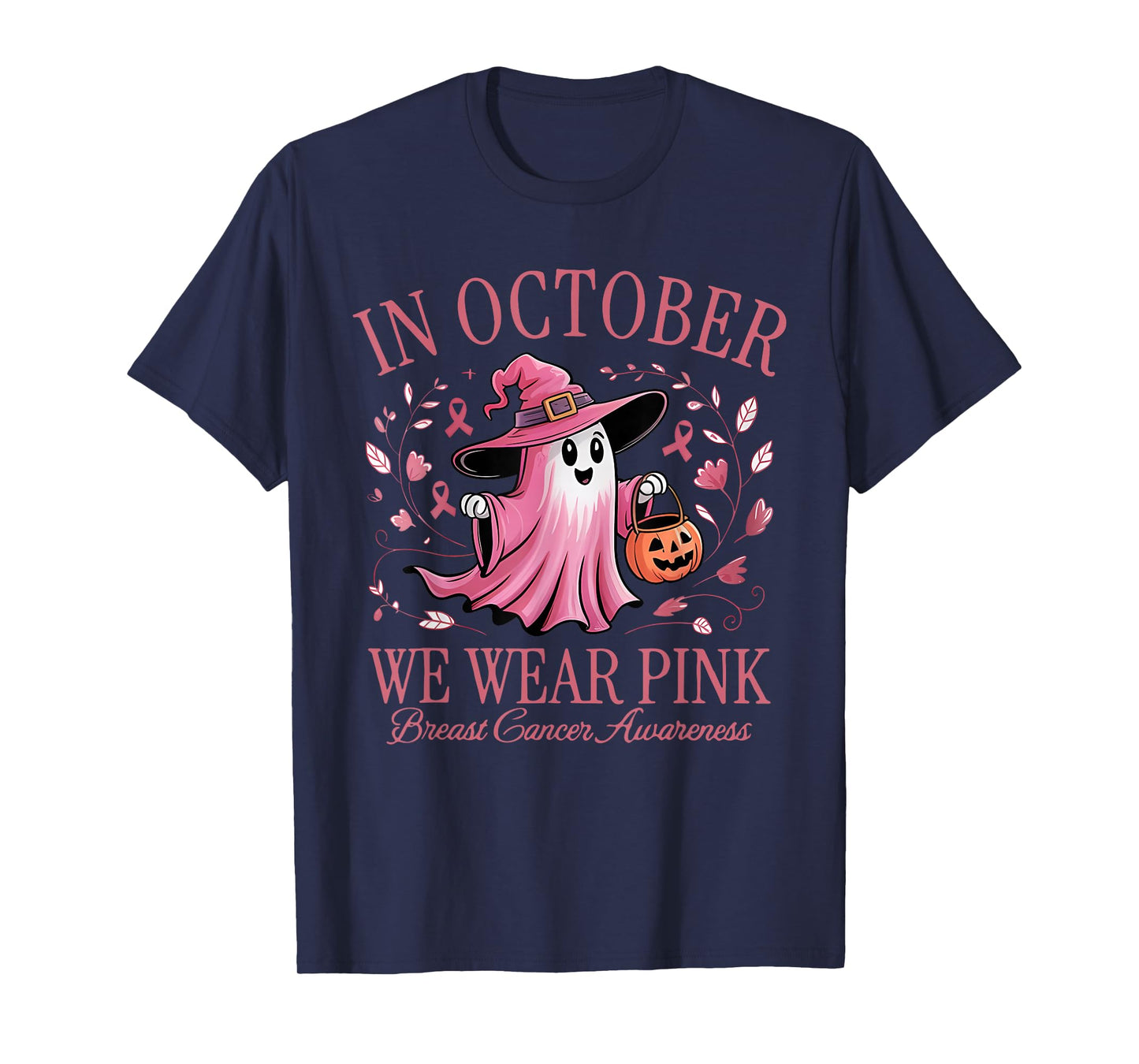 in October We Wear Pink Breast Cancer Awareness Halloween T-Shirt