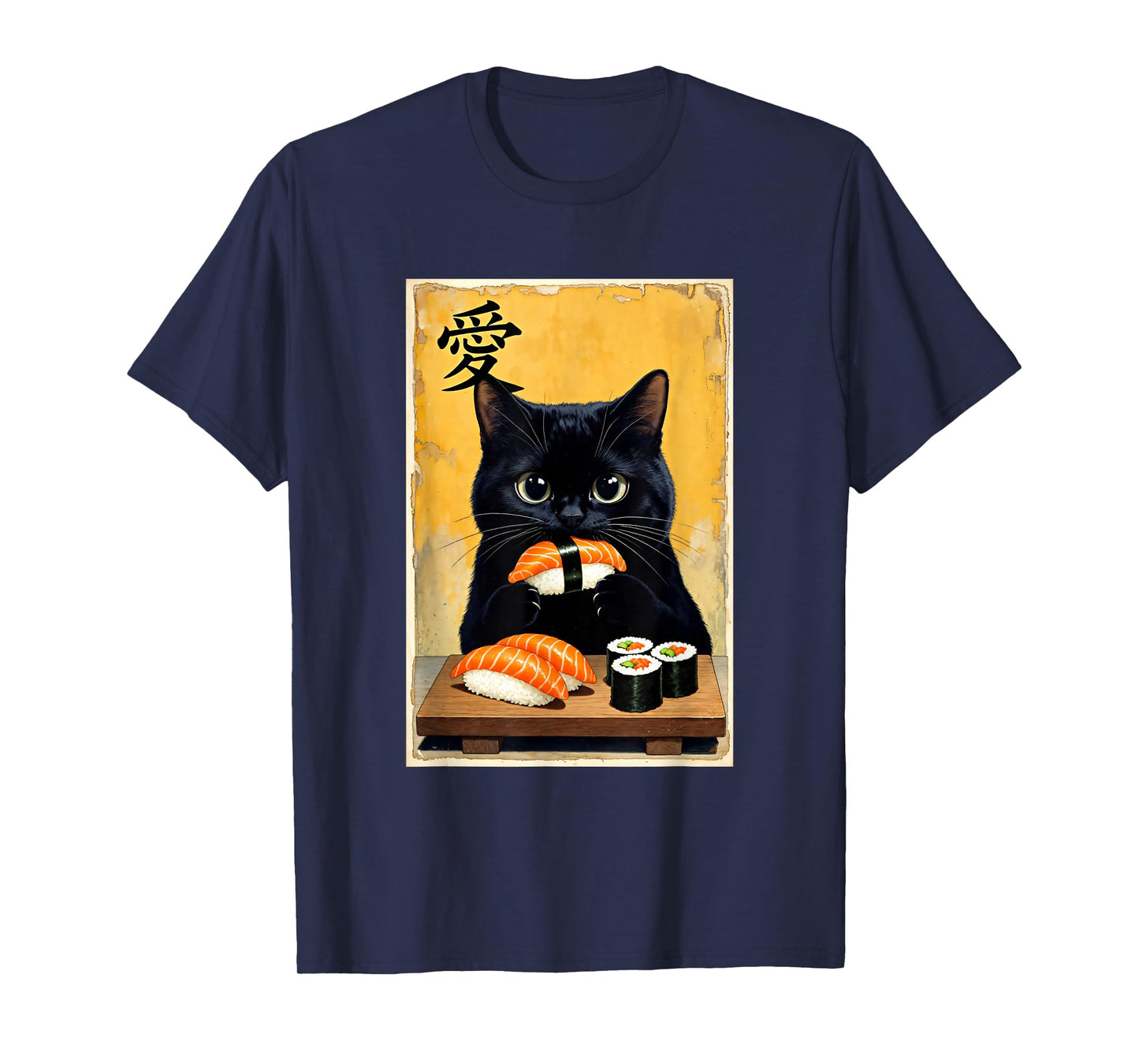 Cute Kawaii Black Cat Eating Sushi Funny Japanese Black Cat T-Shirt