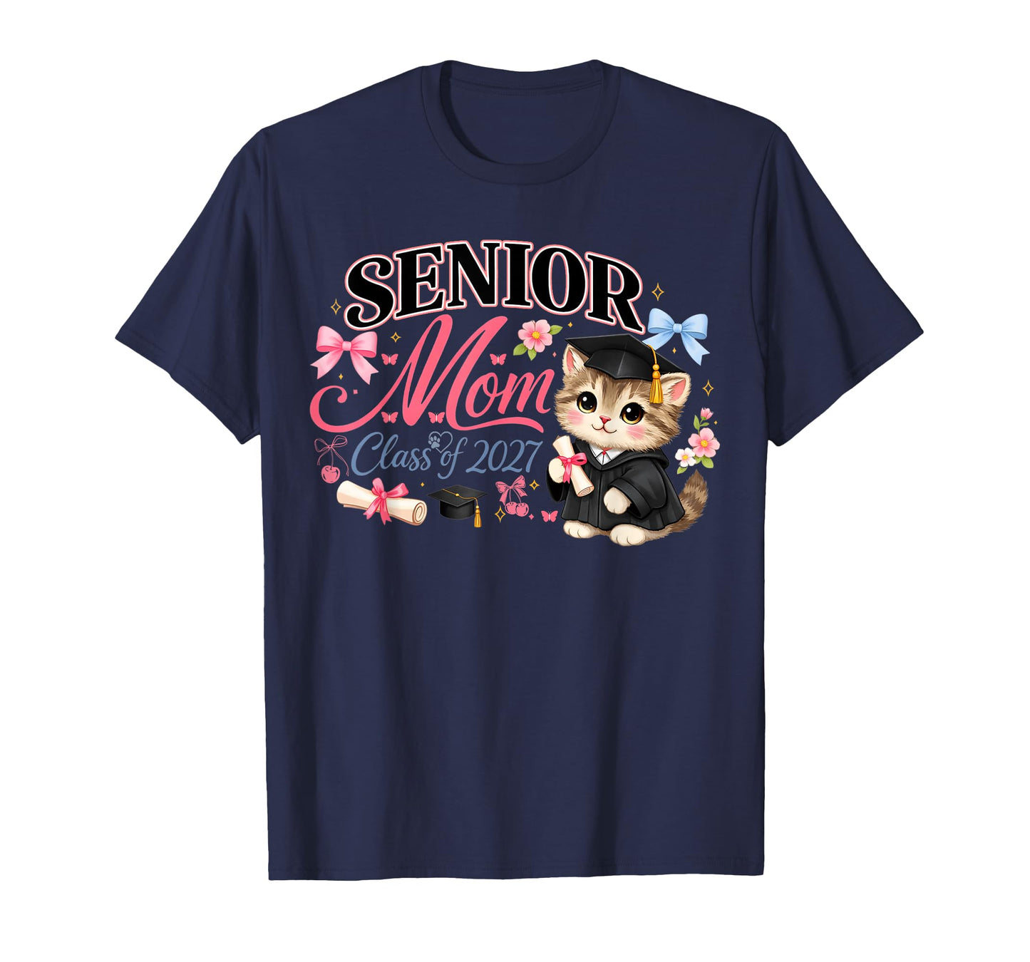 Senior Mom Class of 2027 Cute Cat Graduation Pink Bows Girls T-Shirt