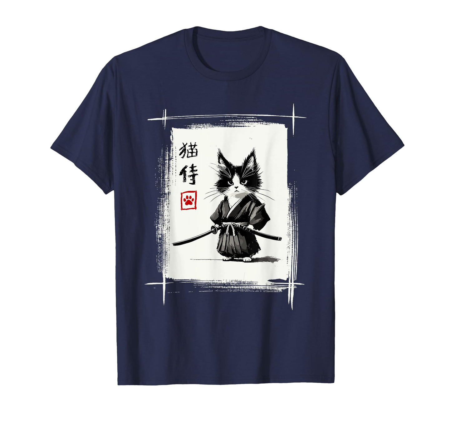 Samurai Cat Japanese Art Sumi-e Novelty Kawaii Funny Cat Men Women Girls Kids T-Shirt