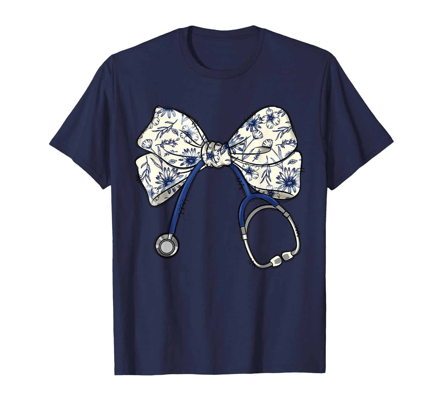 Floral Blue Coquette Bow Nurse Stethoscope Nursing Doctor T-Shirt