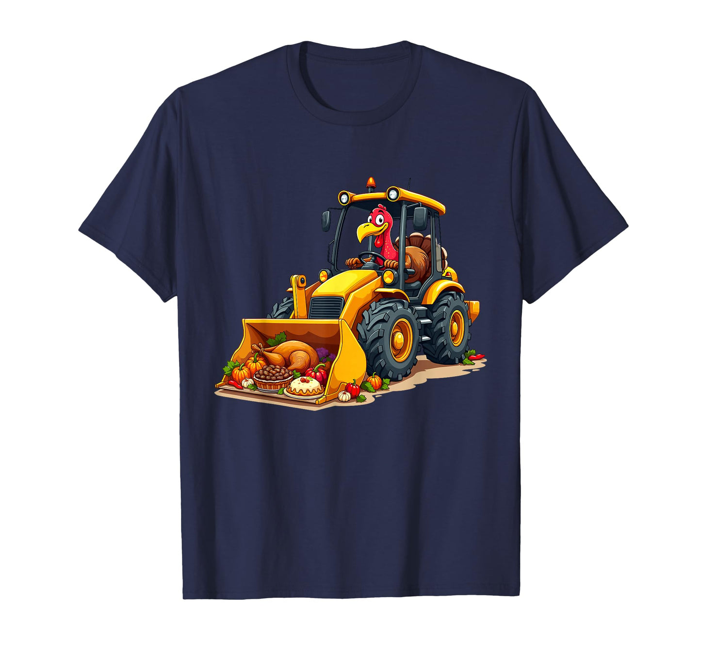 Boys Thanksgiving Kids Thanksgiving Funny Turkey Driving Loader with Harvest Feast T-Shirt