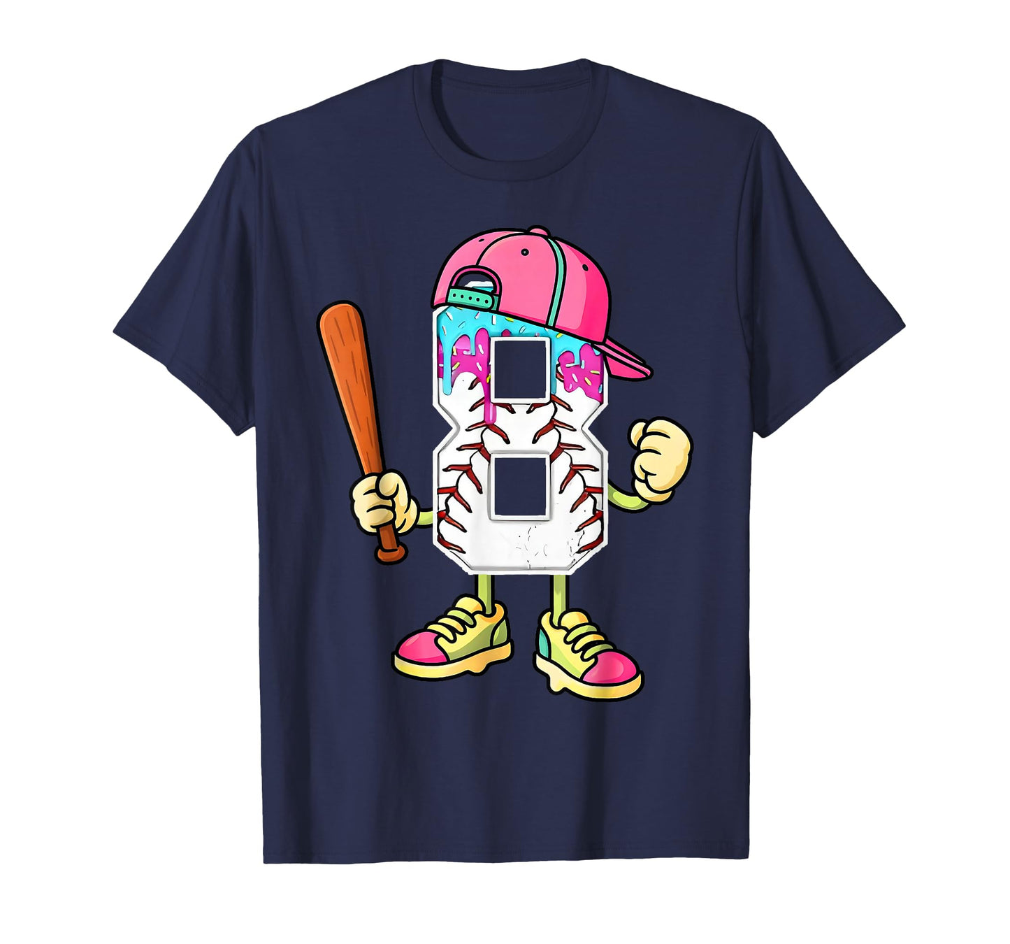 Baseball 8th Birthday Boy Ice Cream Drip 8 Year Old Birthday T-Shirt
