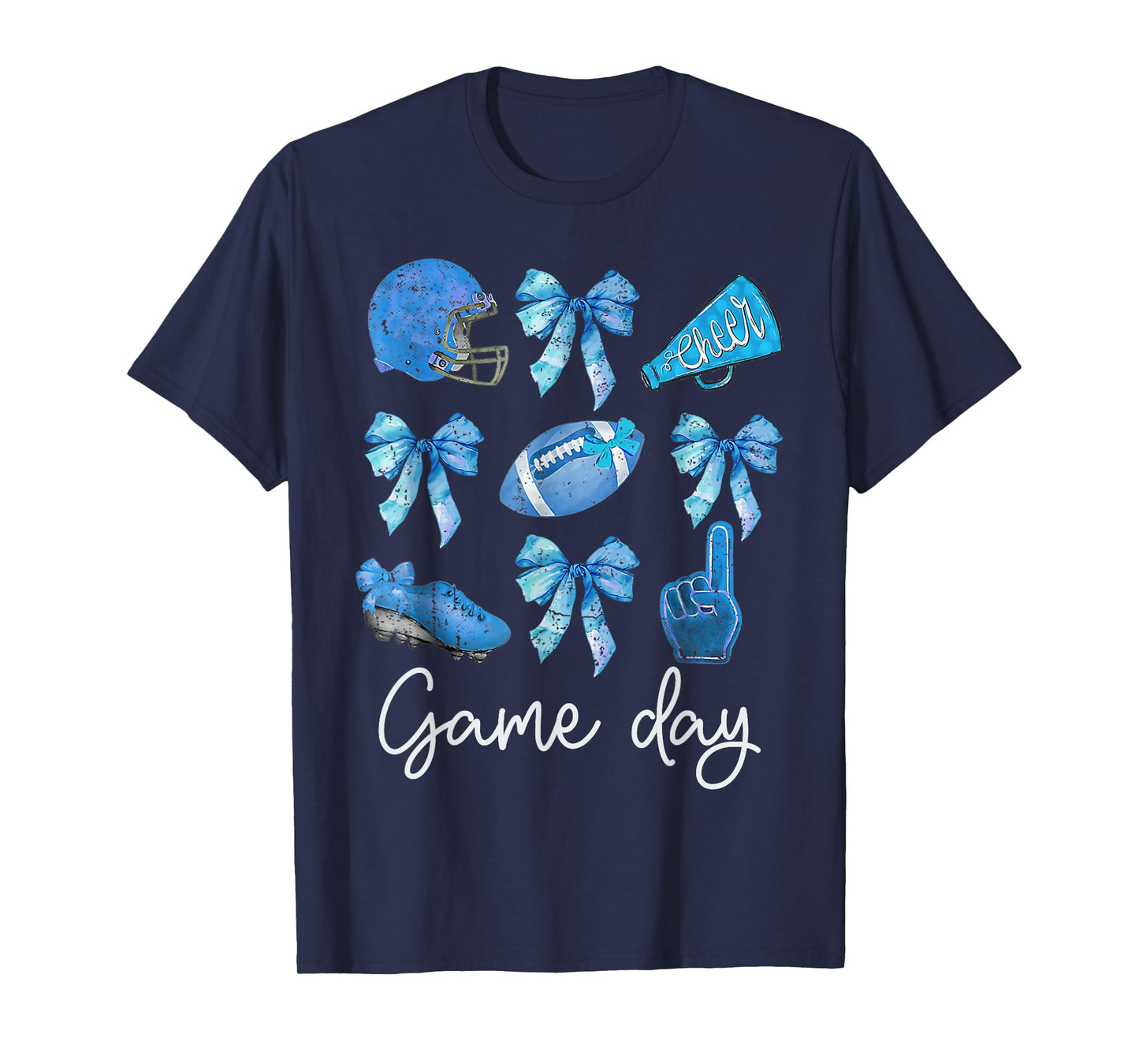Funny Blue Cheer Football Game Day Coquette Bow Touchdown T-Shirt