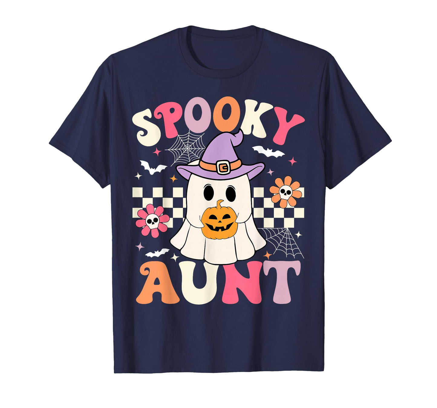 Groovy Spooky Aunt Ghost Holding Pumpkin Halloween Aunt T-Shirt