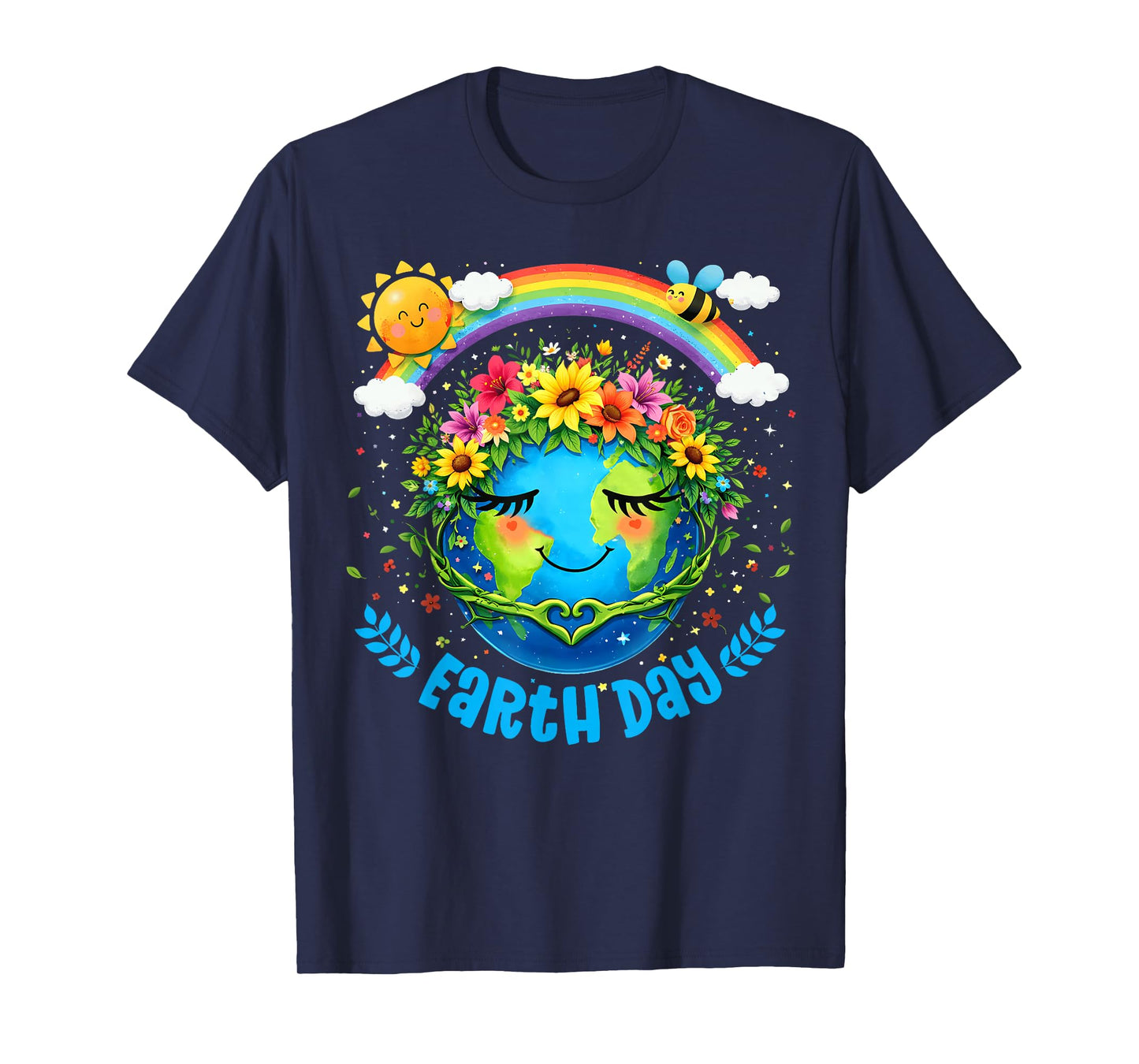 Happy Earth Day Cute Earth Floral Crown Rainbow Heart T-Shirt