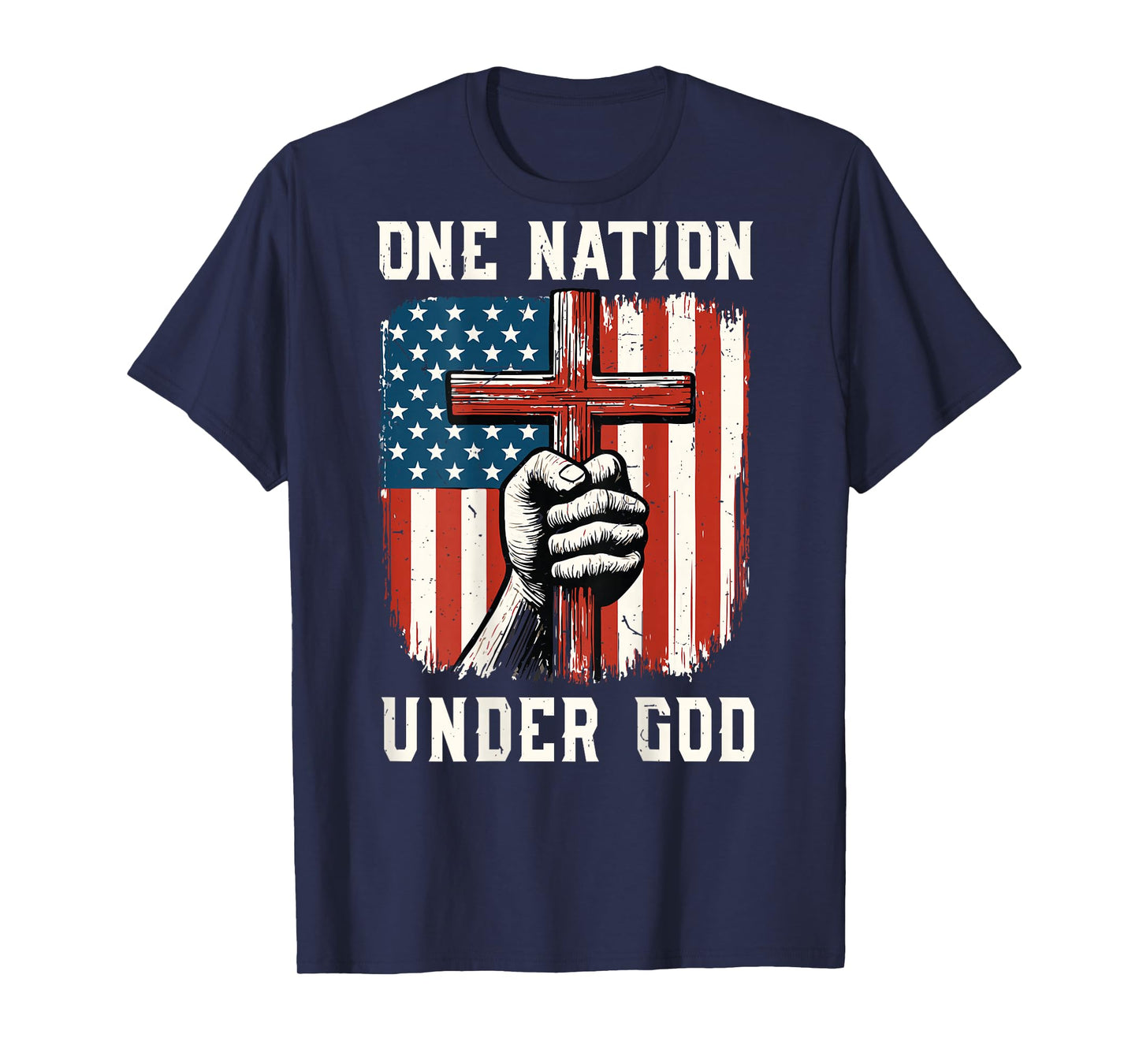 On-Back One Nation Under God Patriotic Christian Faith Cross T-Shirt