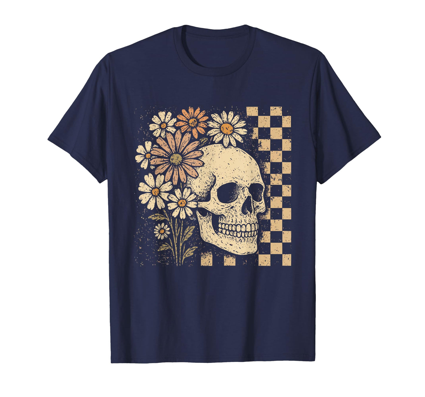 Checkered Floral Skeleton Halloween Skull Spooky Season T-Shirt