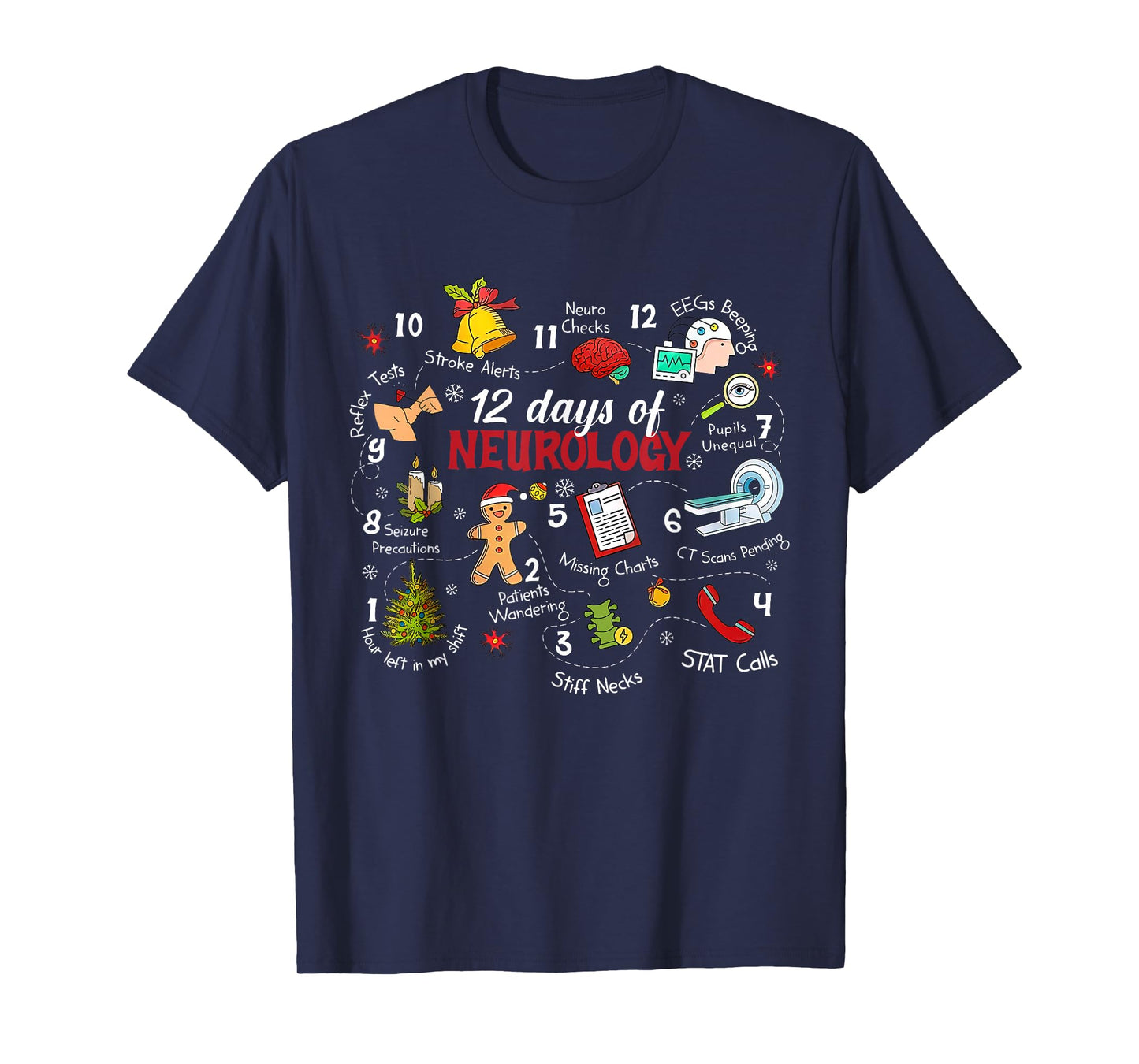 12 Days of Neurology Christmas Brain Neuro Nurse Psychology T-Shirt