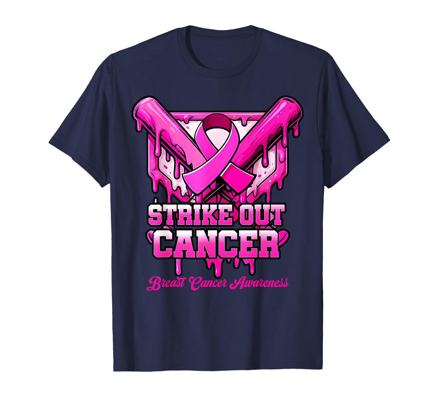 Strike Out Breast Cancer Awareness Baseball Drip Pink Ribbon T-Shirt