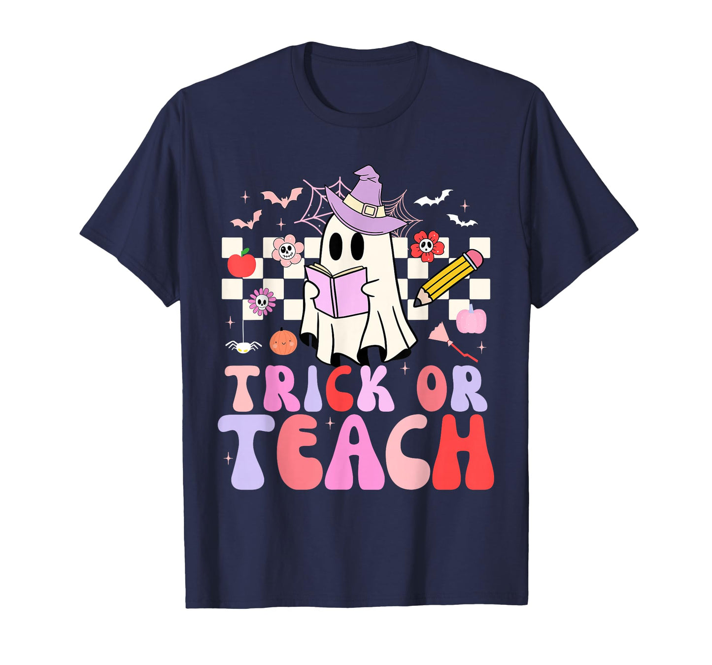 Trick Or Teach Groovy Teacher Halloween Retro Floral Ghost T-Shirt