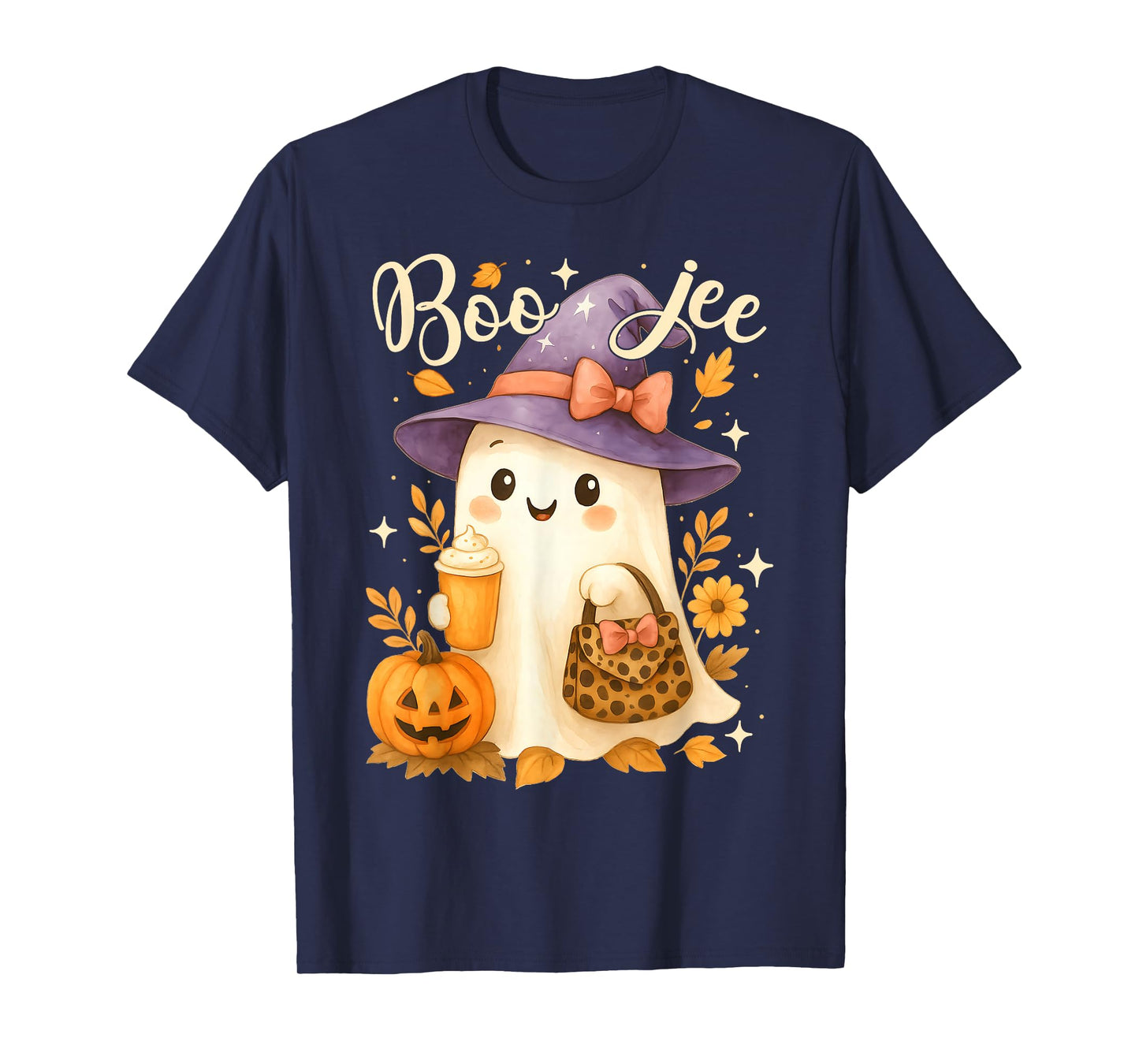 Cute Boo Jee Witch Ghost Halloween Coffee Latte Leopard T-Shirt