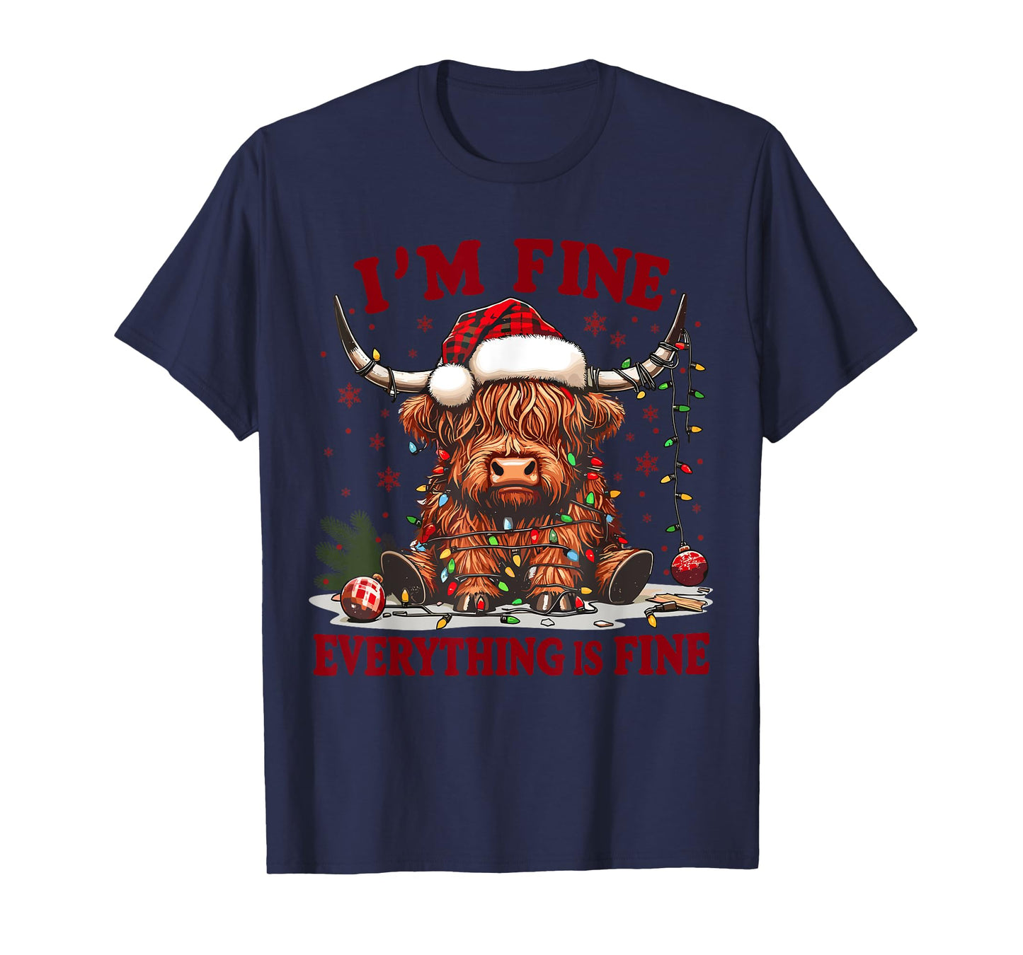 I'm Fine Everything is Fine Funny Christmas Highland Cow T-Shirt