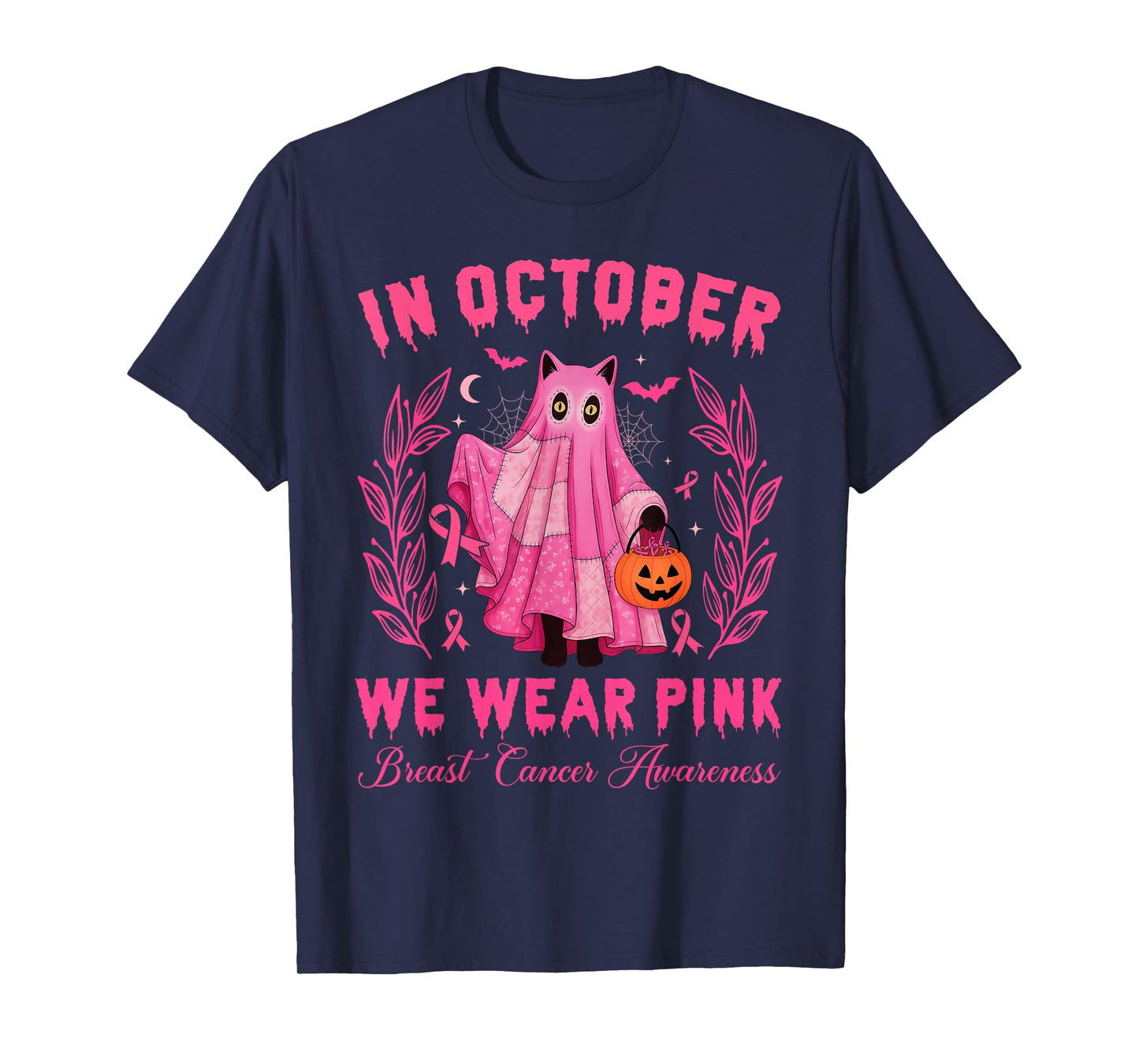 in October, We Wear Pink Halloween Black Cat Cute T-Shirt