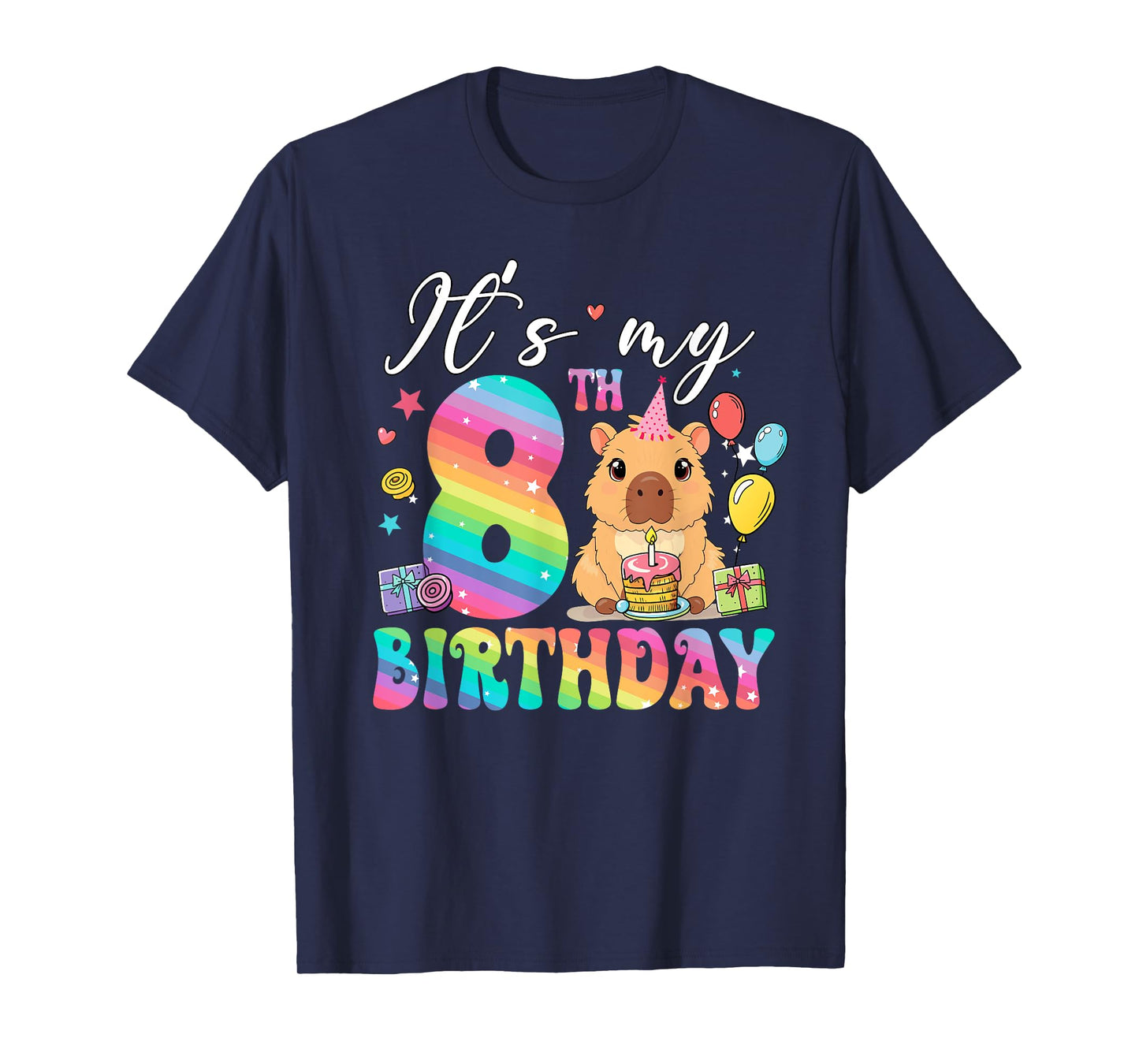 Its My 8th Birthday Capybara Rainbow Funny 8 Year Old Bday T-Shirt