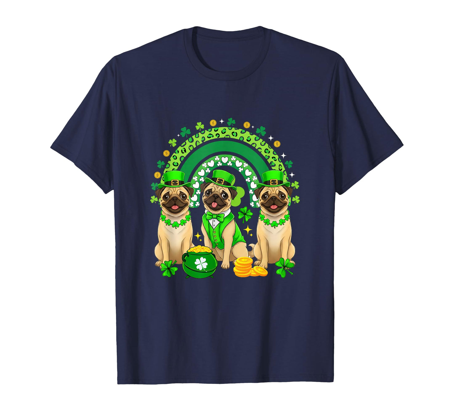 Three Cute Pugs St. Patrick's Day Shamrocks Rainbow T-Shirt