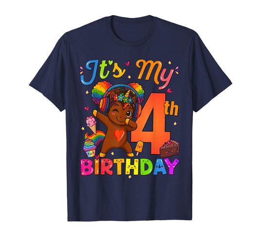 Unicorn Afro 4th Birthday Girl Natural Hair Afro American T-Shirt