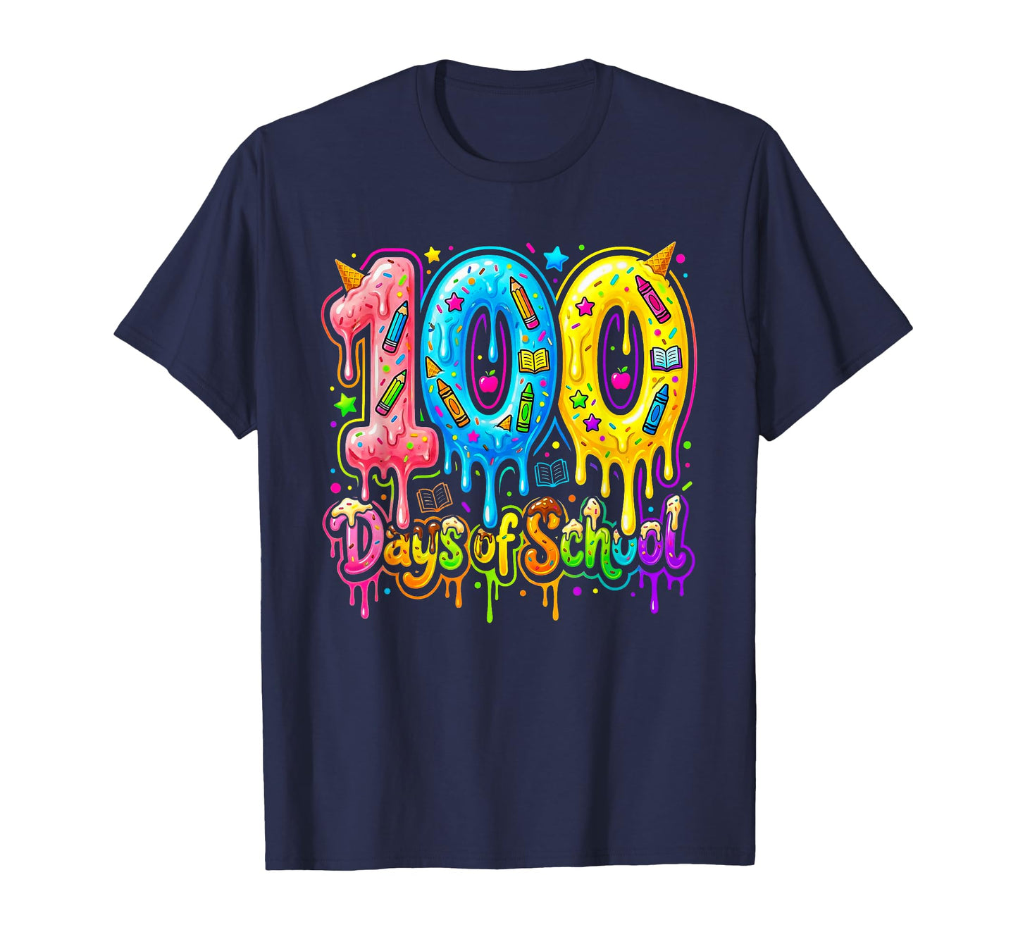 100 Days of School Ice Cream Drip Fun 100 Days Kids Teachers T-Shirt