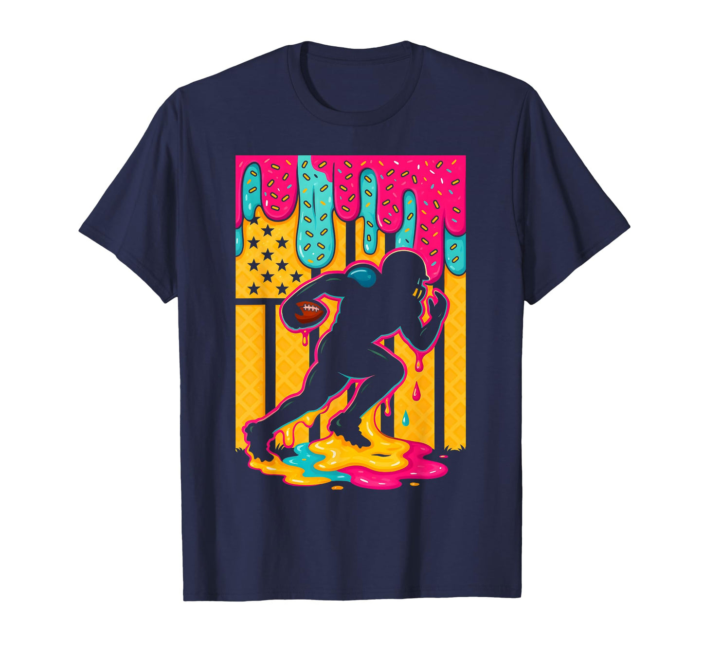 Football Ice Cream Drip Boys Football Player American Flag T-Shirt