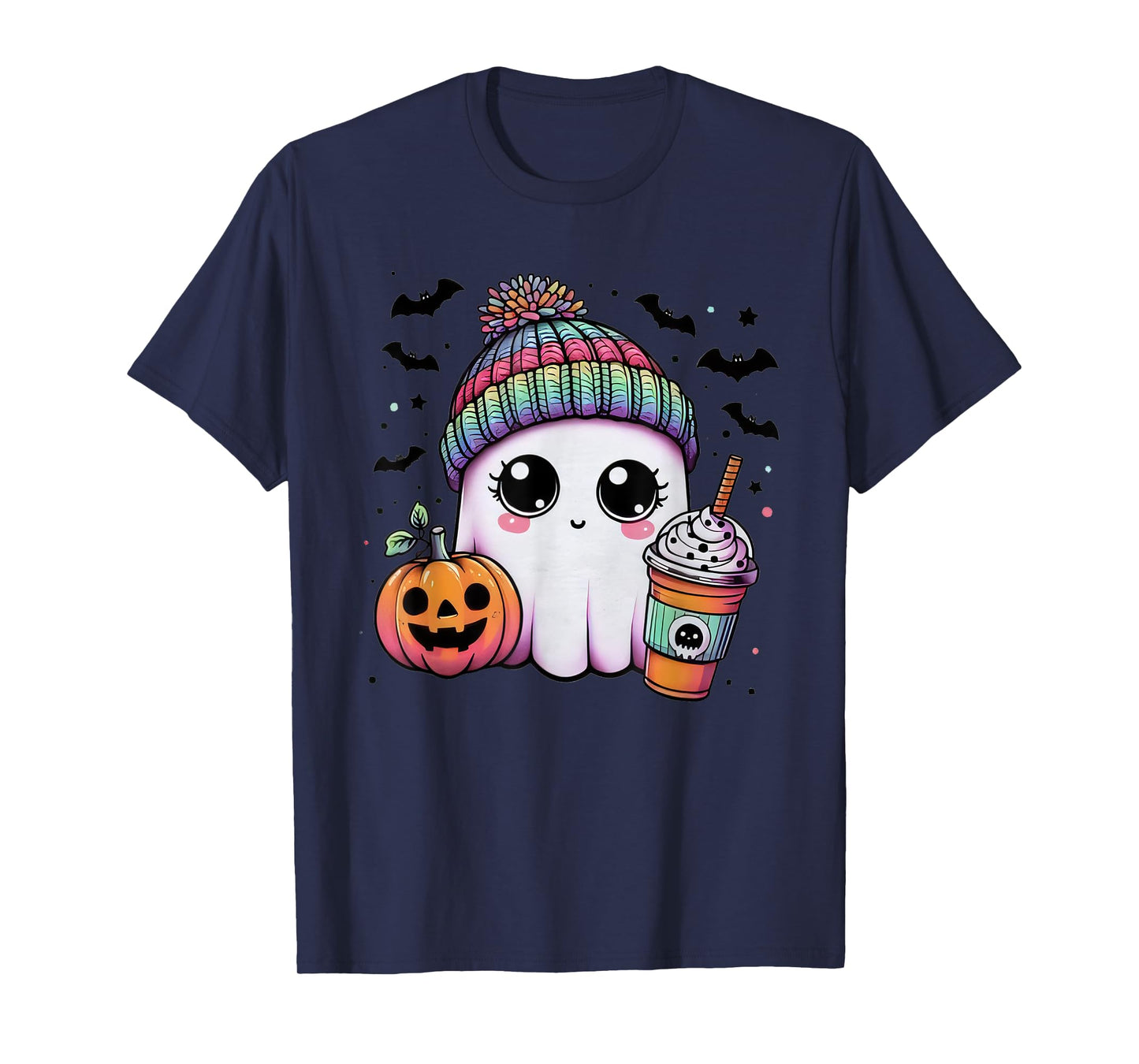 Cute Ghost Drinking Coffee Halloween Ghost Ice Coffee Womens T-Shirt