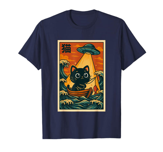 Vintage Japanese Anime Alien UFO Funny Kawaii Fishing Cat T-Shirt