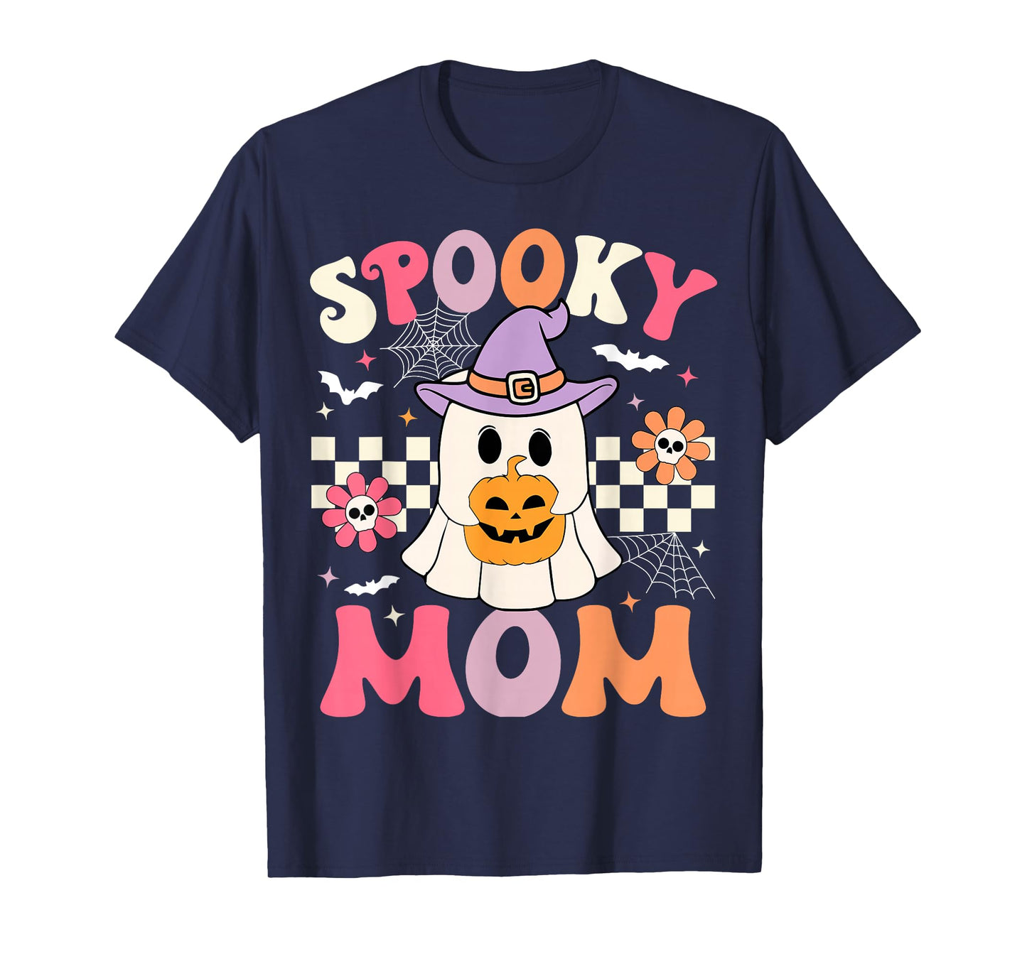 Groovy Spooky Mom Retro Ghost Holding Pumpkin Halloween T-Shirt