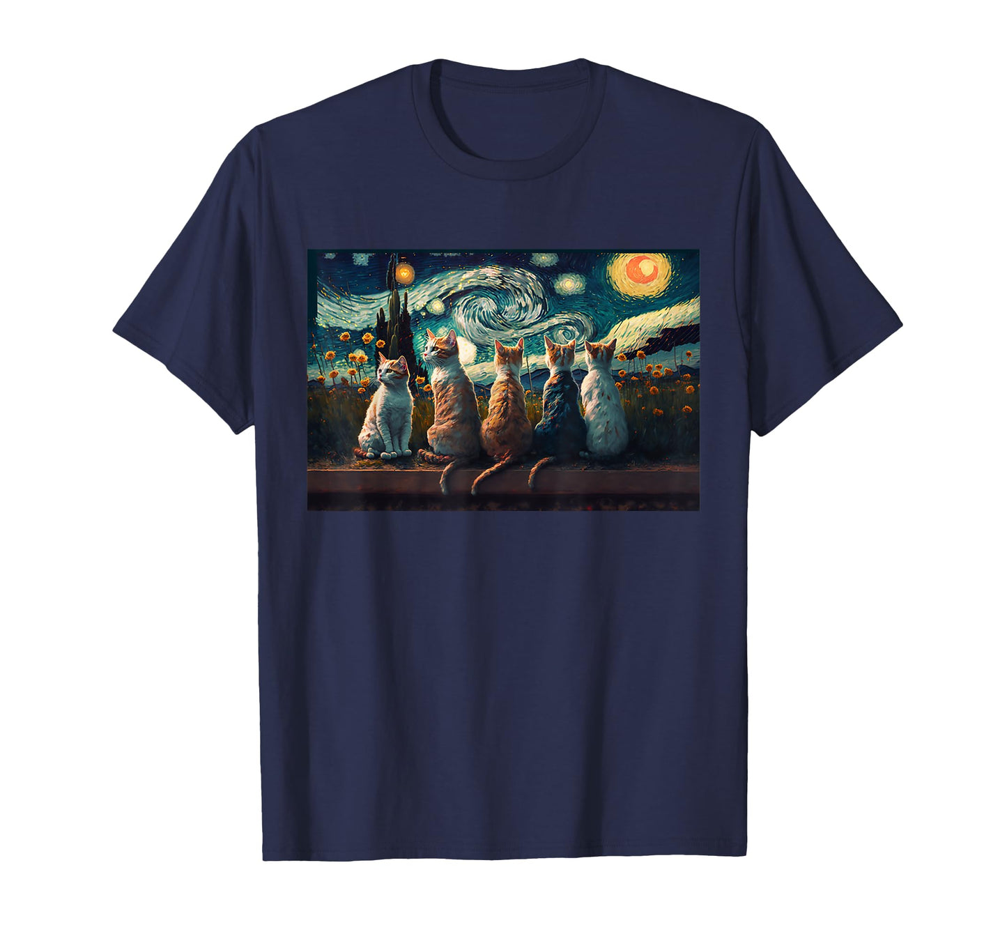 cats painting art sitting Starry Night kitty kitten Van Gogh T-Shirt