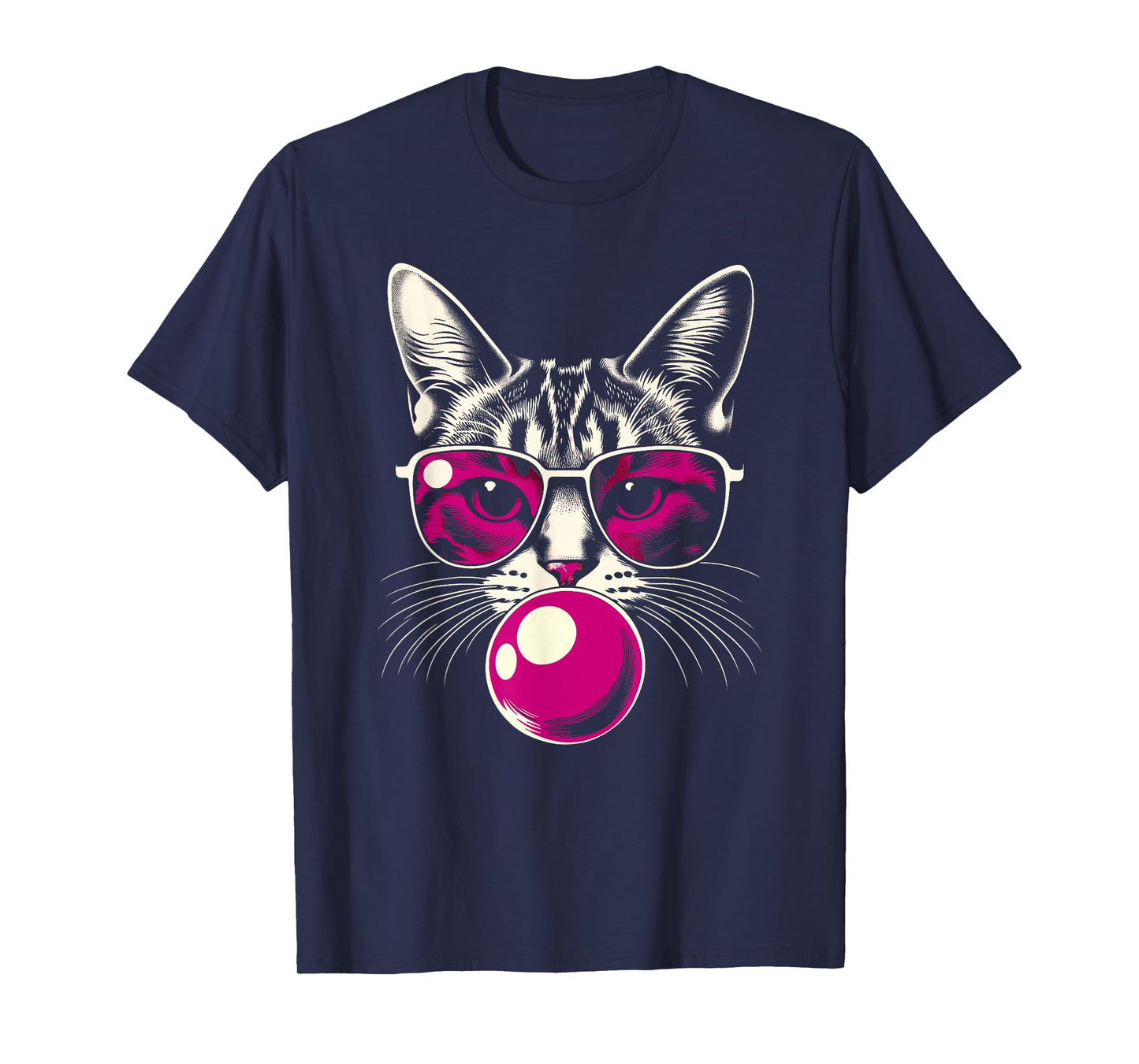 Cat in Pink Glasses Pink Bubble Men Women Kids Funny Cat T-Shirt