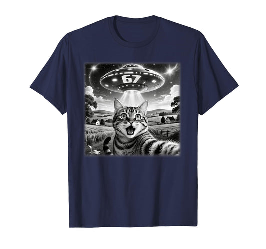 67 Meme 6 7 Cat Selfie UFO Alien Funny Six Seven Saying T-Shirt