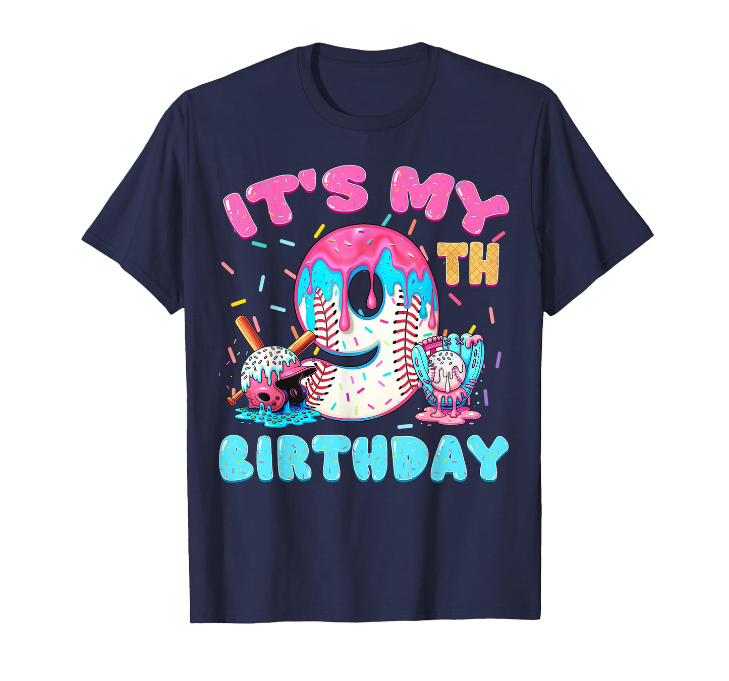 Baseball 9 Year Old Ice Cream Drip 9th Birthday Boy Number 9 T-Shirt