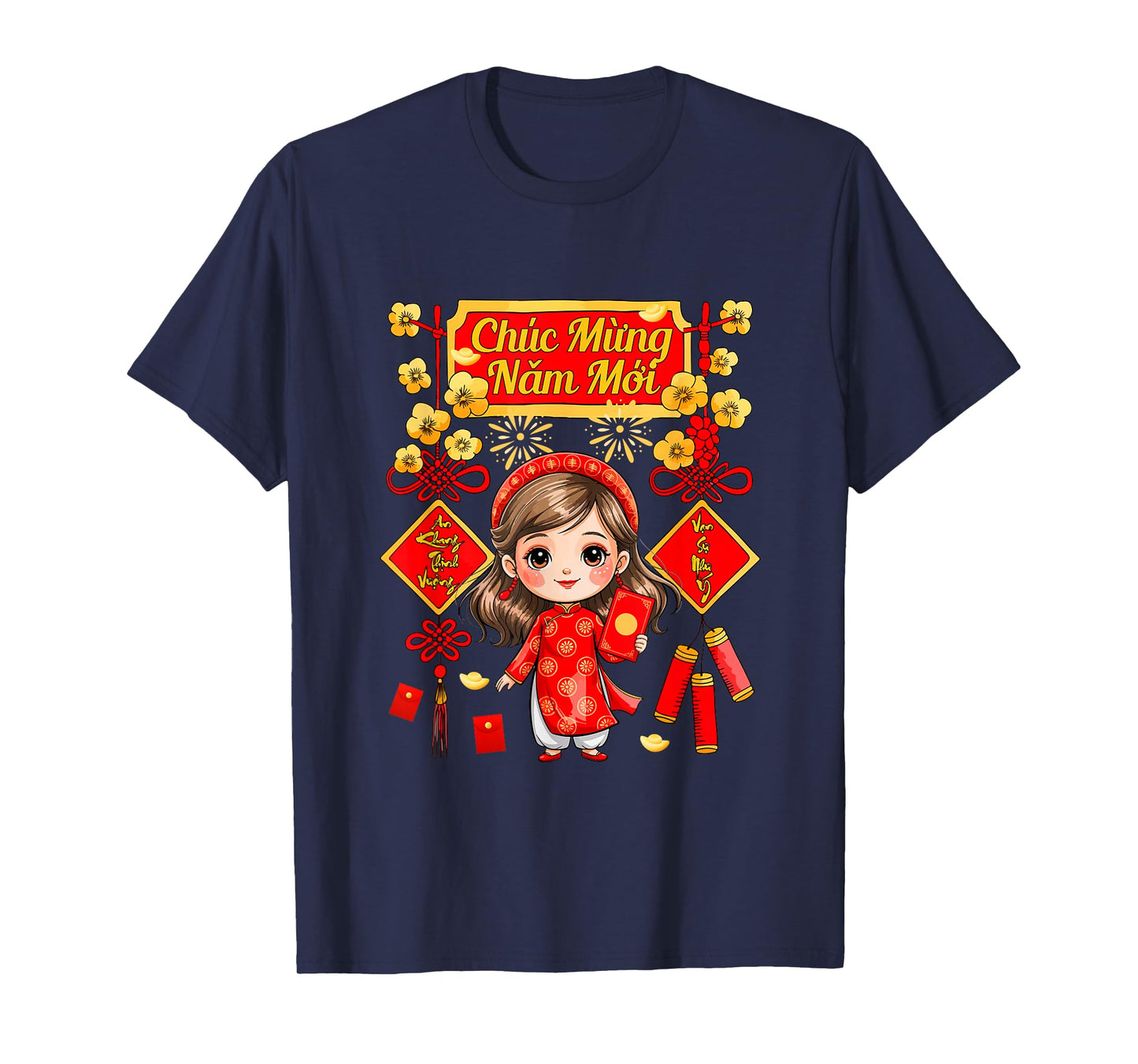 Mung NAM Moi New Year Vietnamese Kid Girl Wearing Ao Dai T-Shirt
