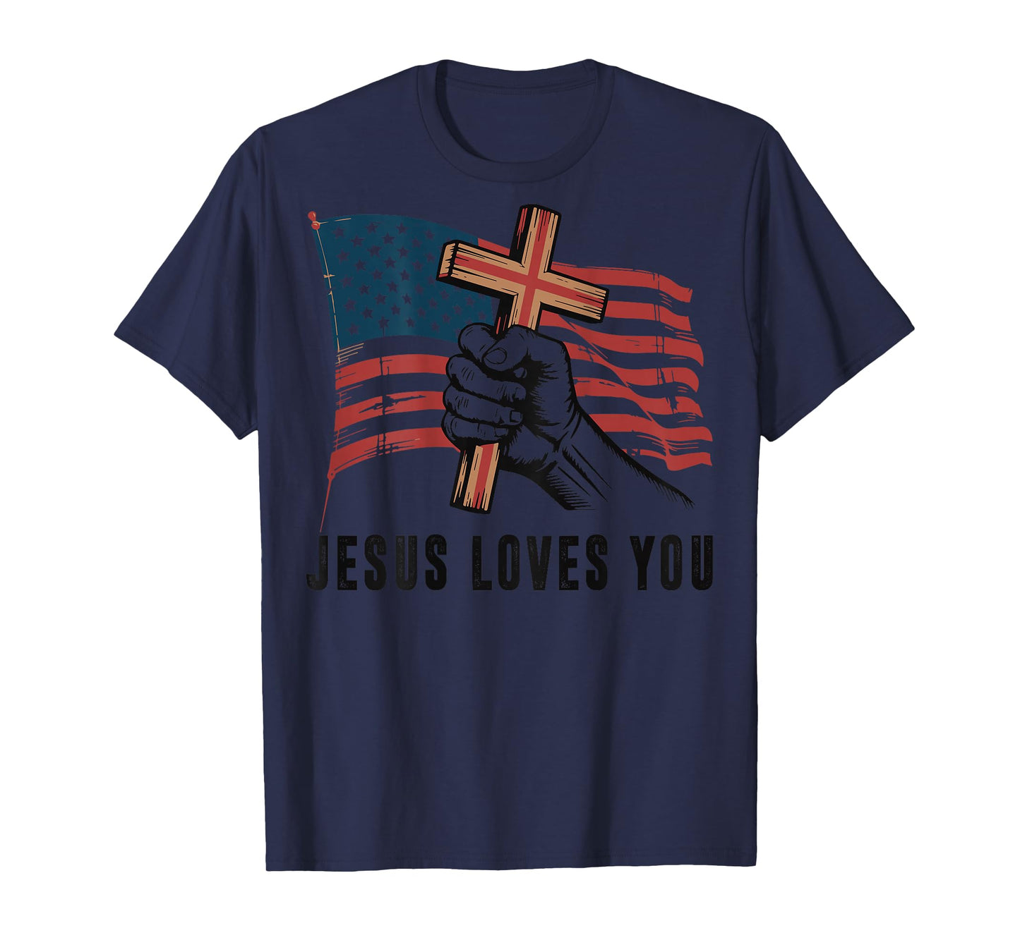 Mens Jesus Loves You American Flag Christian Patriotic Cross T-Shirt