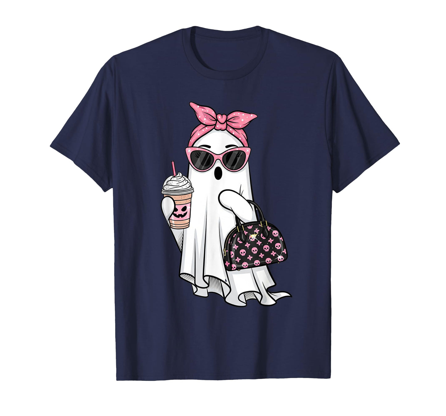Cute Ghost Drinking Coffee Halloween Ghost Ice Coffee Womens T-Shirt