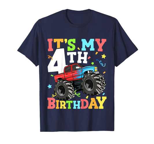 Kids Monster Truck It's My 4th Birthday Boy 4 Four Toddler T-Shirt