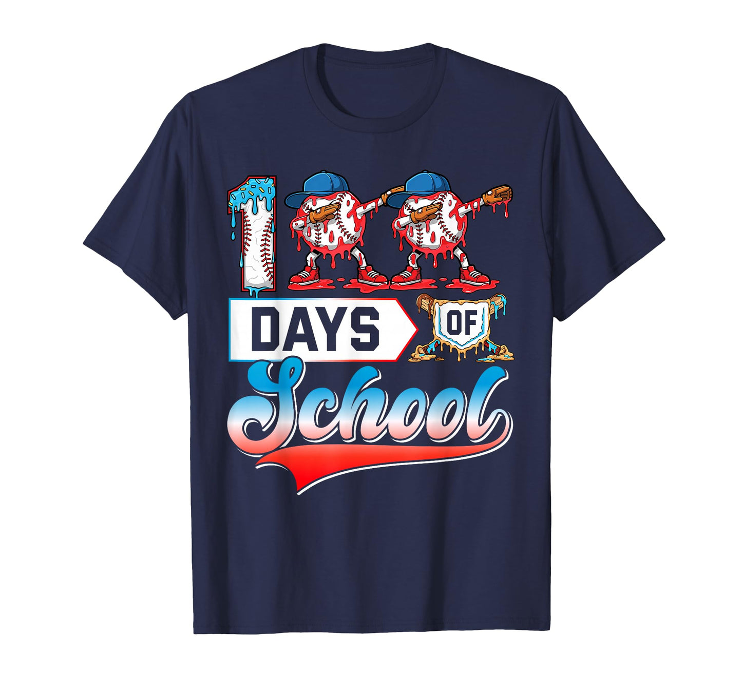 100 Days of School Boys Baseball Drip 100th Day Dabbing Ball T-Shirt