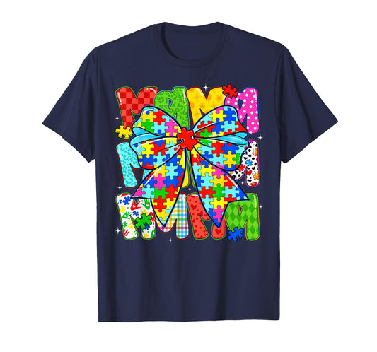 Autism Awareness Mama Puzzle Piece Coquette Bow Ribbon Women T-Shirt
