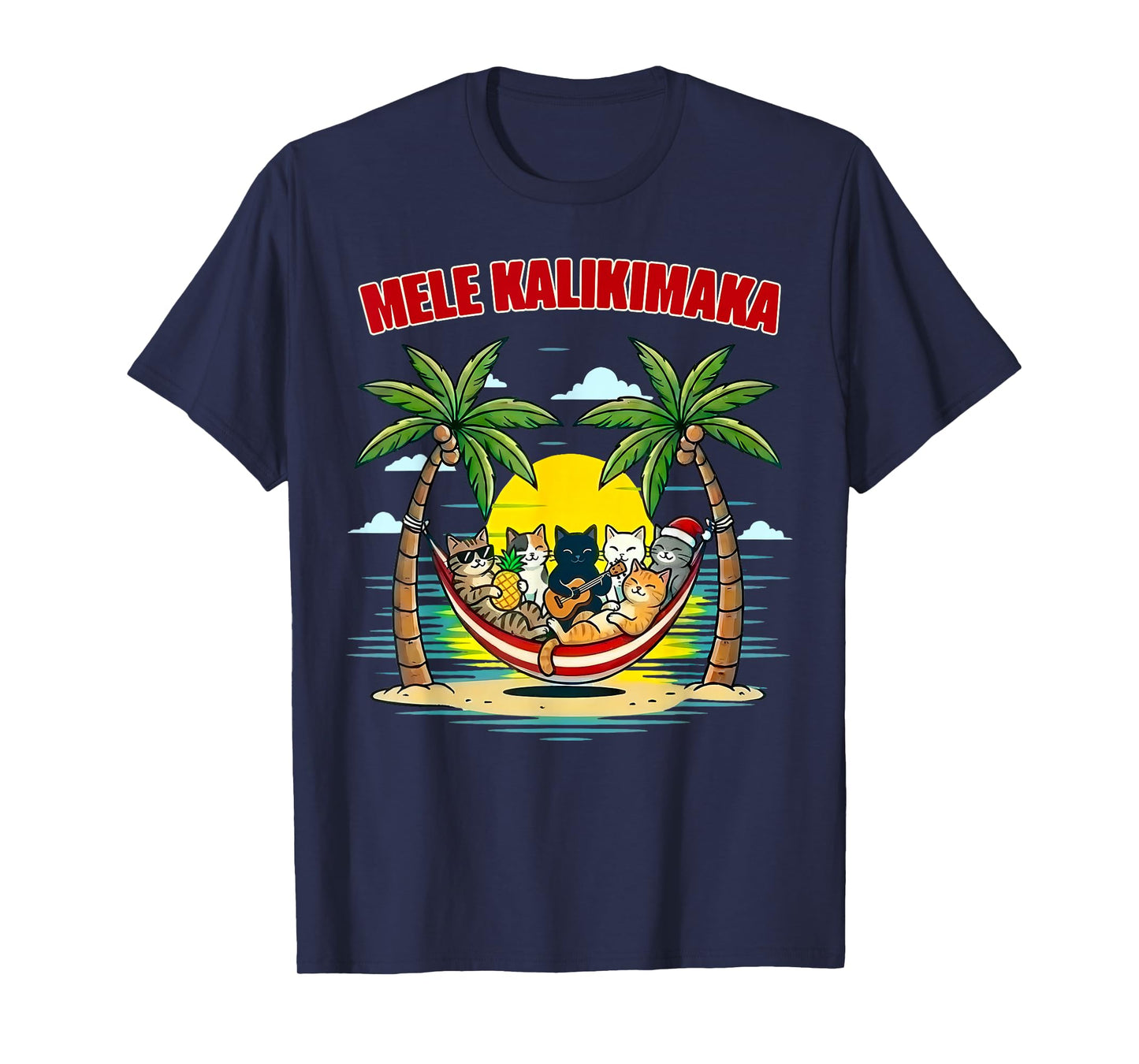 Funny Hawaiian Mele Kalikimaka Cats Celebrating Christmas T-Shirt