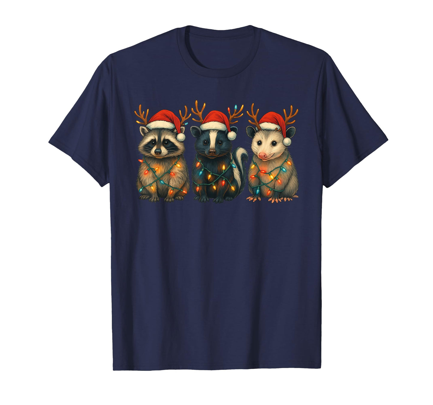 Raccoon Possum Skunk Christmas Lights Santa Hat Xmas T-Shirt
