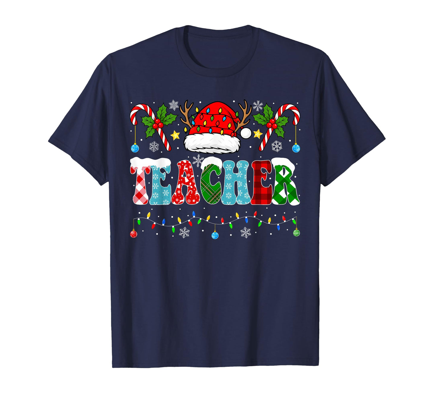Santa Hat Teacher Christmas Lights Funny Christmas Teacher T-Shirt