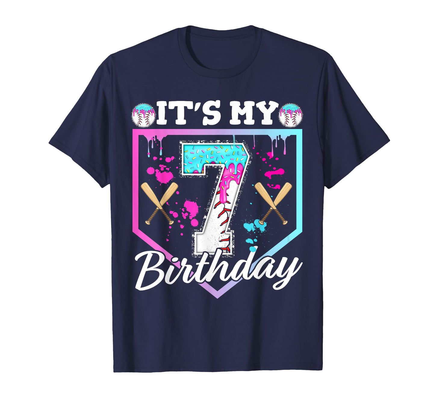 Baseball Drip 7 Year Old Ice Cream 7th Birthday Boy Dripping T-Shirt