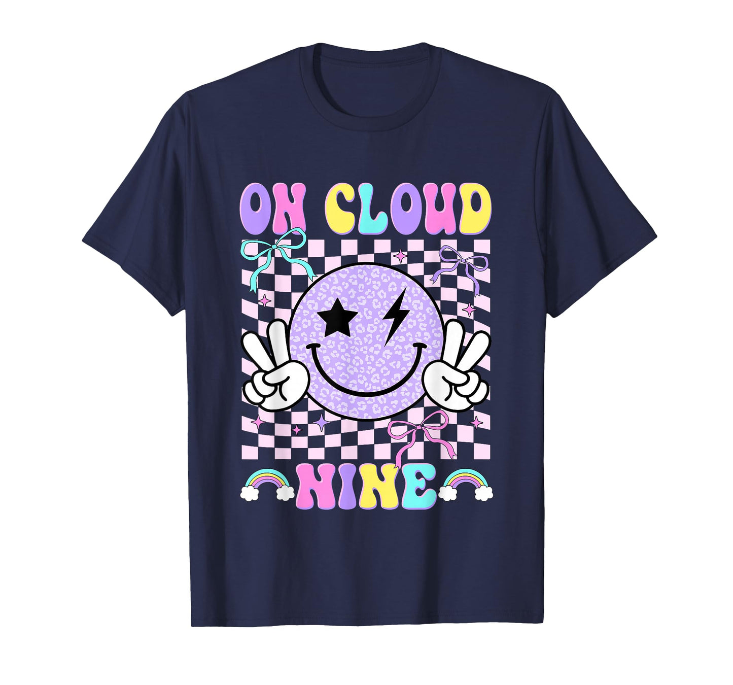 On-Cloud Nine Checkered Smile Face Coquette 9th Birthday Kid T-Shirt