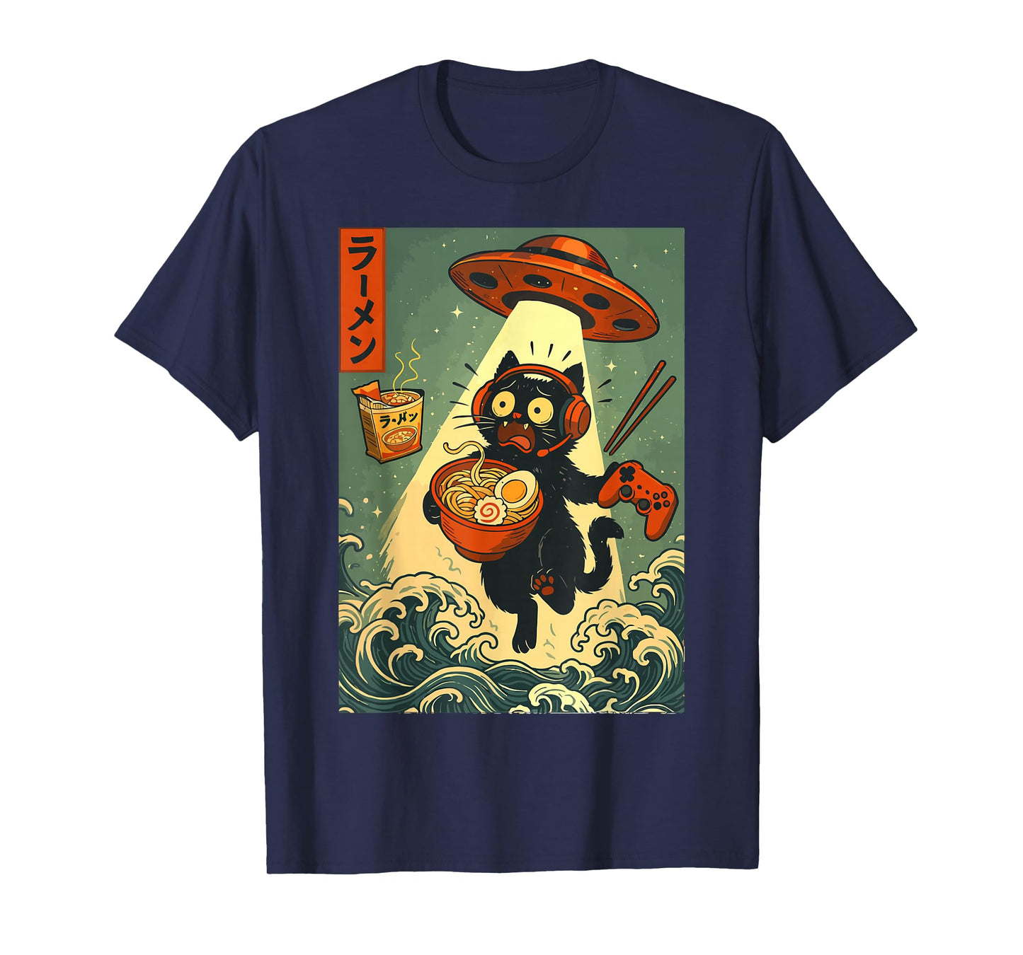 Cute Kawaii Gamer Cat Ramen Retro Japanese Design UFO Beam T-Shirt